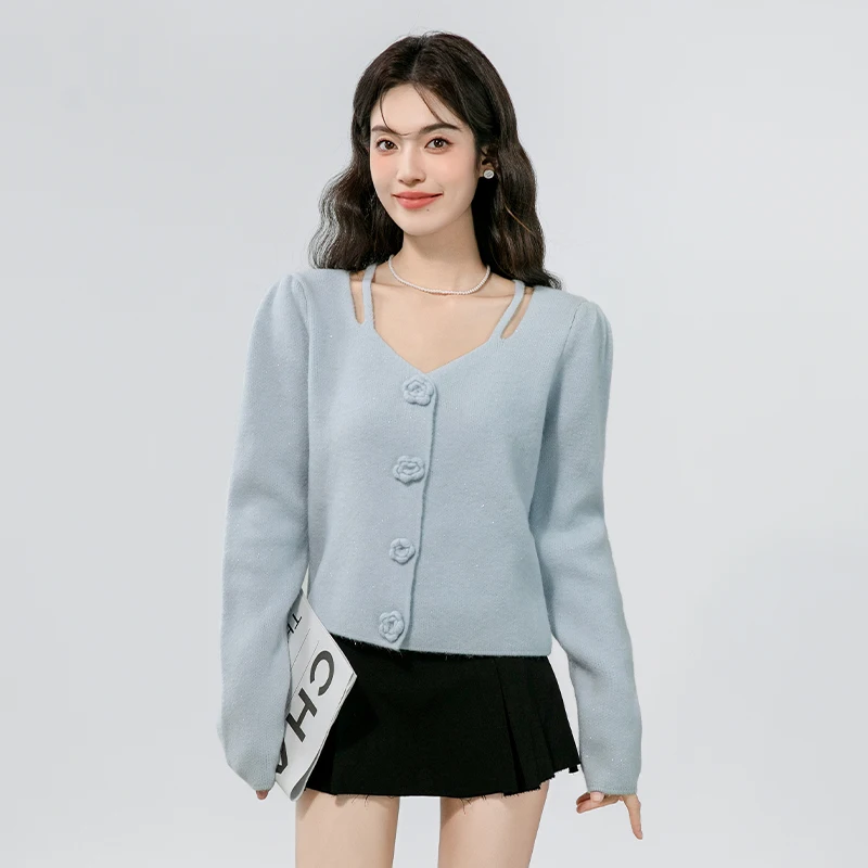 Design inspired knitted sweater top for women's autumn collection, thickened and versatile, sweet sweater cardigan jacket