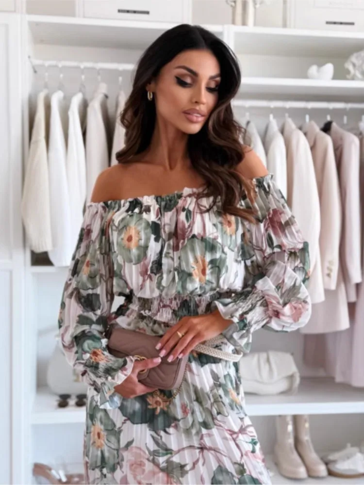 أزياء طباعة الشيفون المرأة البدلة مثير واحد الكتف طويلة الأكمام البنطال القصير مطوي تنورة مجموعات سيدة أنيقة قطعتين مجموعة الزي