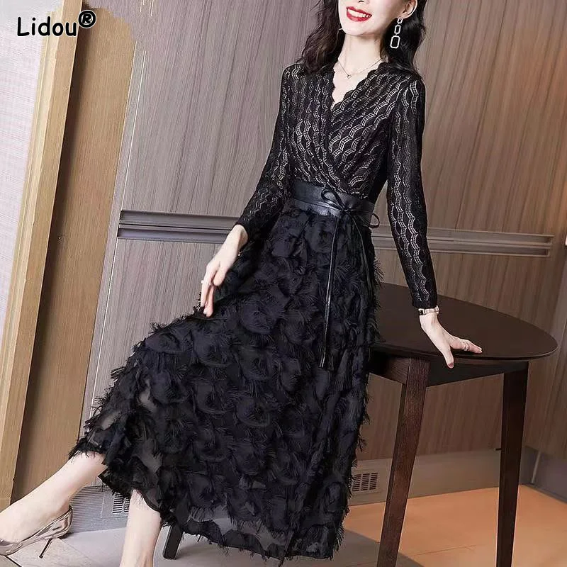 

Midi Skirts V-neck Office Lady Solid Color Lace Korean Elegant Dresses Thin Patchwork Intellectual Spring Summer Skinny Graceful