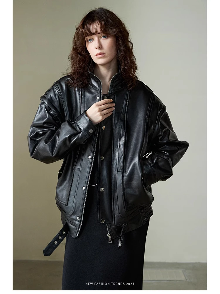 

Casual Oversized Genuine Leather Motorcycle Jackets Women Spring Autumn High-end Simple Sleeves Detachable Real Sheepskin Coat