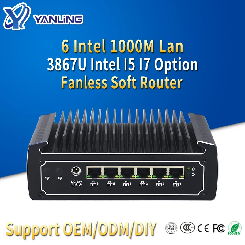 Yanling Mini PC Firewall 6 LANS 3867U intel core i5 8250U i7 8550U Fanless Firewall Router AES-NI