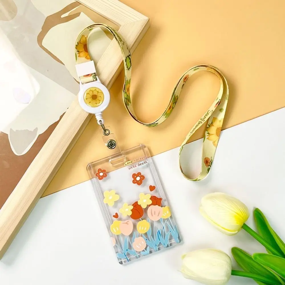 Hanging Neck Transparent Card Holder Double-sided Viewing Sliding Closure Flower Card Case Card Access Control Keychain