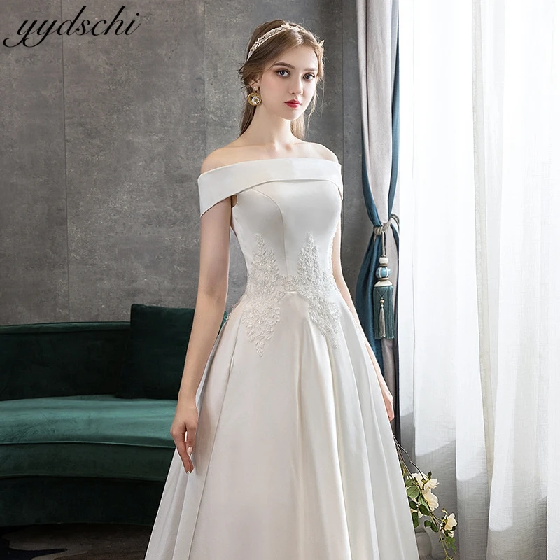 Vestidos de novia elegantes personalizados de satén con cuello barco y hombros descubiertos, vestidos de novia sencillos de corte a para mujer,