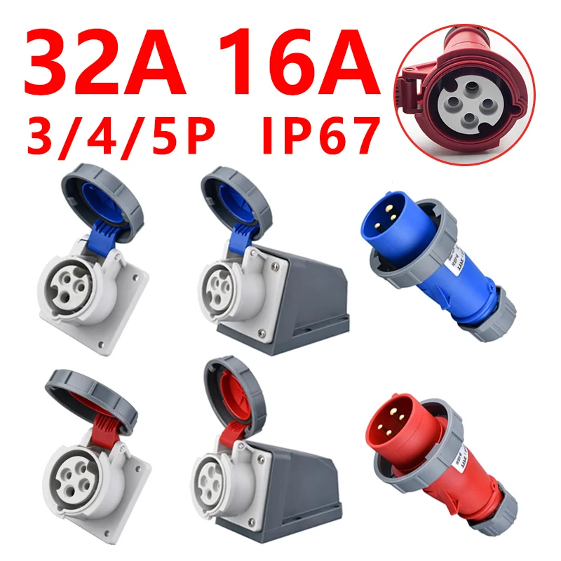 

IP67 Industrial Plug and Socket Waterproof Connector 3PIN 4PIN 5PIN 16A/32A Waterproof Electrical Connection Wall Mount Socket