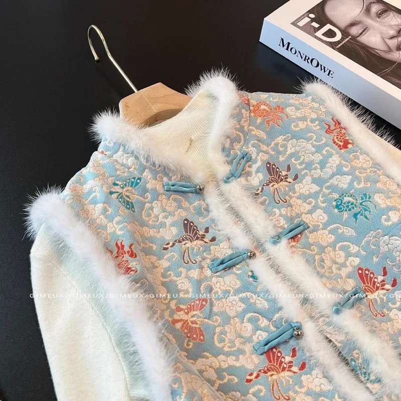 Chinese Embroidered Waistcoat for Women, Female Vintage Vest, Cotton-Padded, Delicate Lady, New, Autumn, Winter, 2026