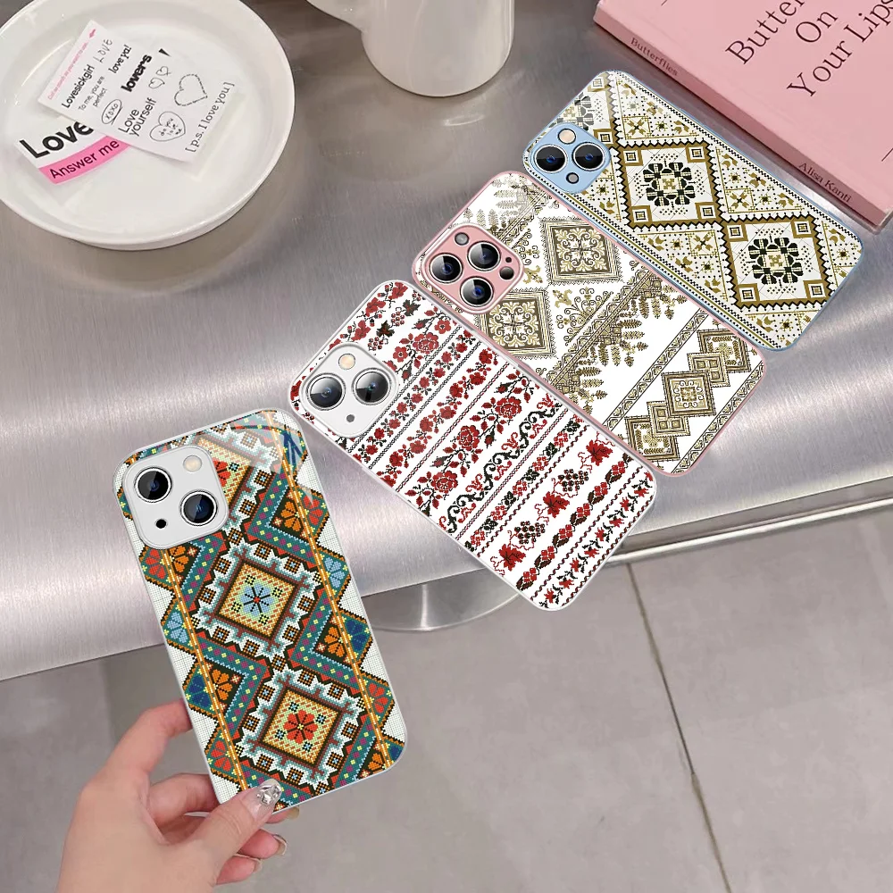 

Ukrainian Pattern Phone Case Tempered Glass For iphone 14 13 12 11 Pro Mini XS MAX 14Plus X XS XR Cover