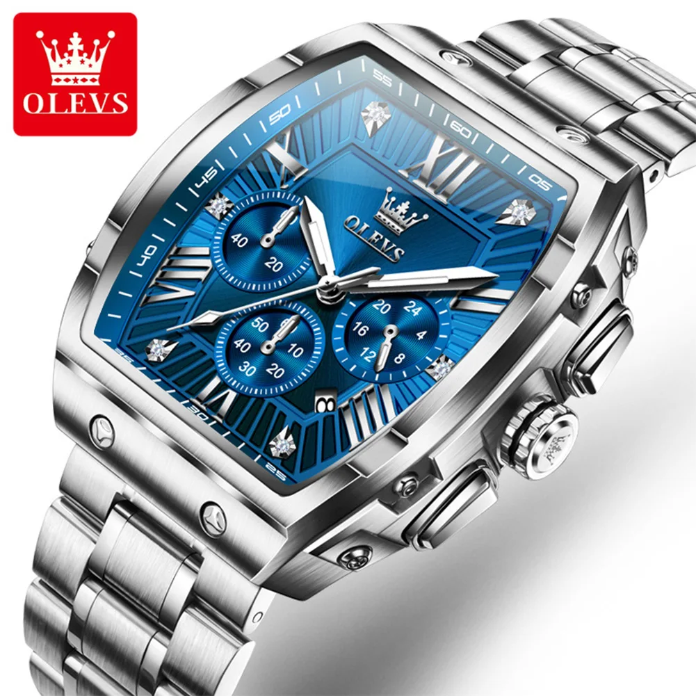 OLEVS New Design Tonneau Watch Men Luminous Waterproof Date Stainless Steel Chronograph Quartz Watches for Men Relogio Masculino