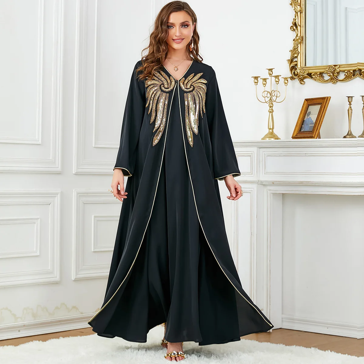 

Black 2 Piece Abaya Set Dubai Moroccan Islamic Dress Chic Sequins Full Sleeve Jalabiyat Robe Ramadan Femme Musulmane