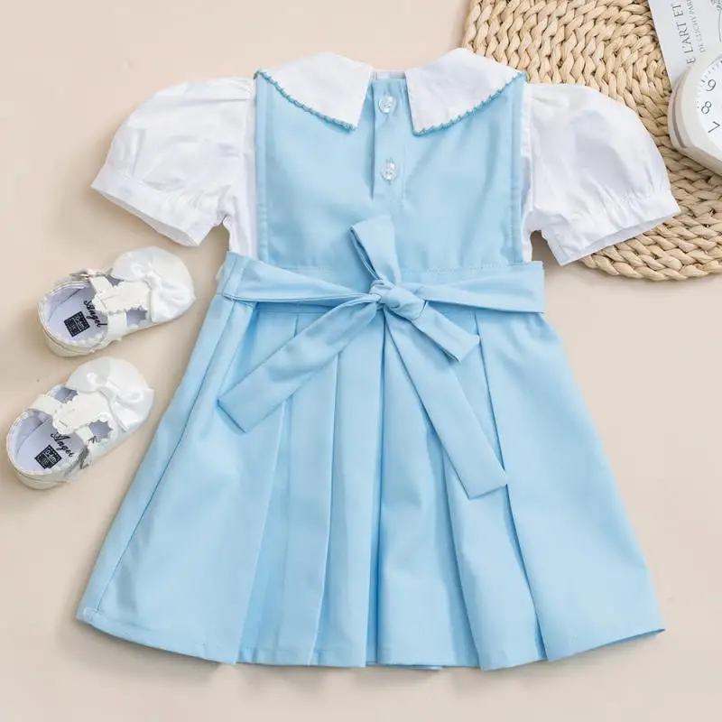 Summer Baby Girls Spanish Handmade Smocked Set Kids Infants Smocking Dresses with Bubble Sleeve Top Children Smocking Frocks