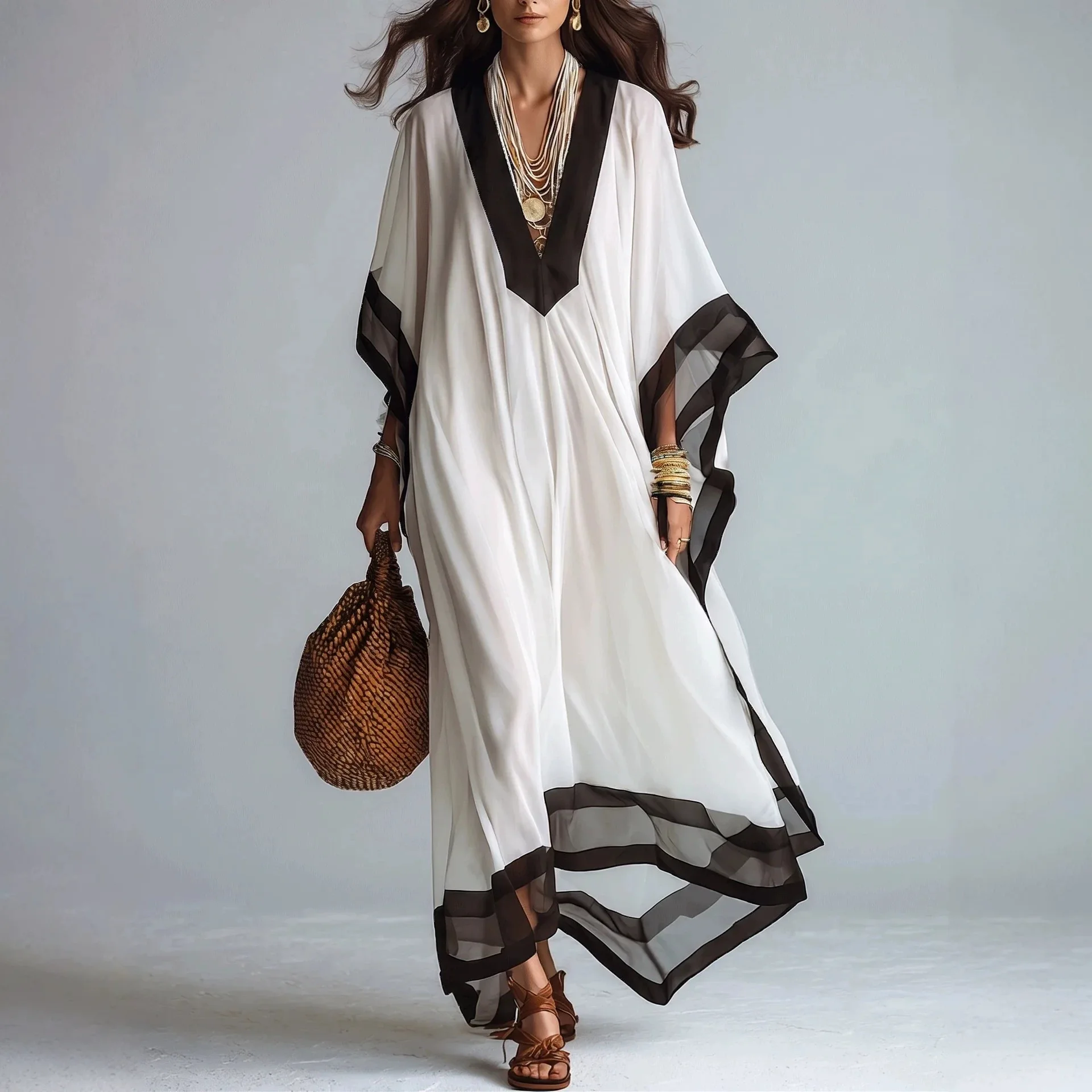 Chic French BlackWhite V-neck Bat Sleeve Blouse Long Dress Vestidos Lazy Vacation Style Loose Sun Protection Beach Dress Y2K