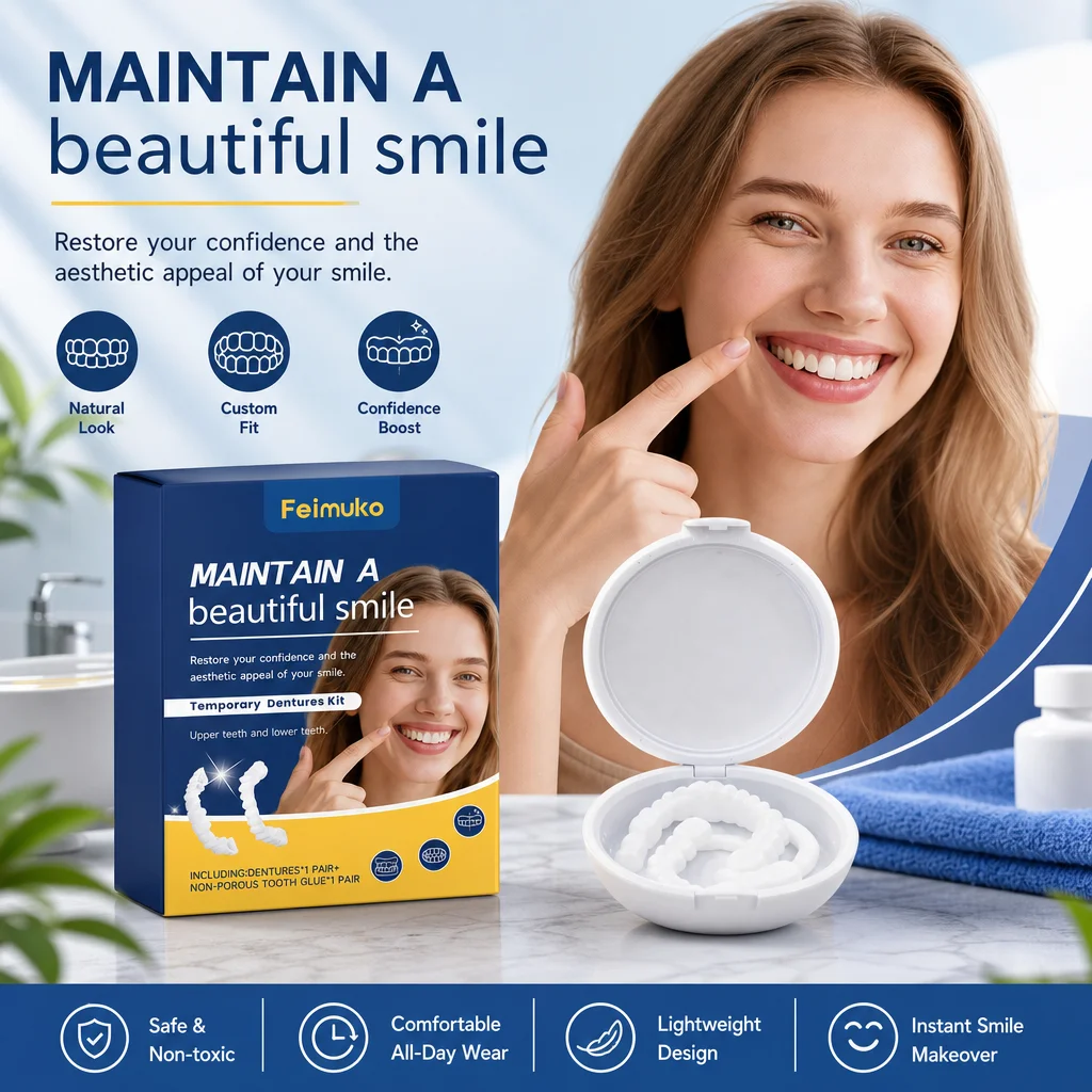 Temporary Denture Kit Adjustable False Teeth Cosmetic Denture Natural Looking Teeth Removable Smile Teeth Portable Denture Set