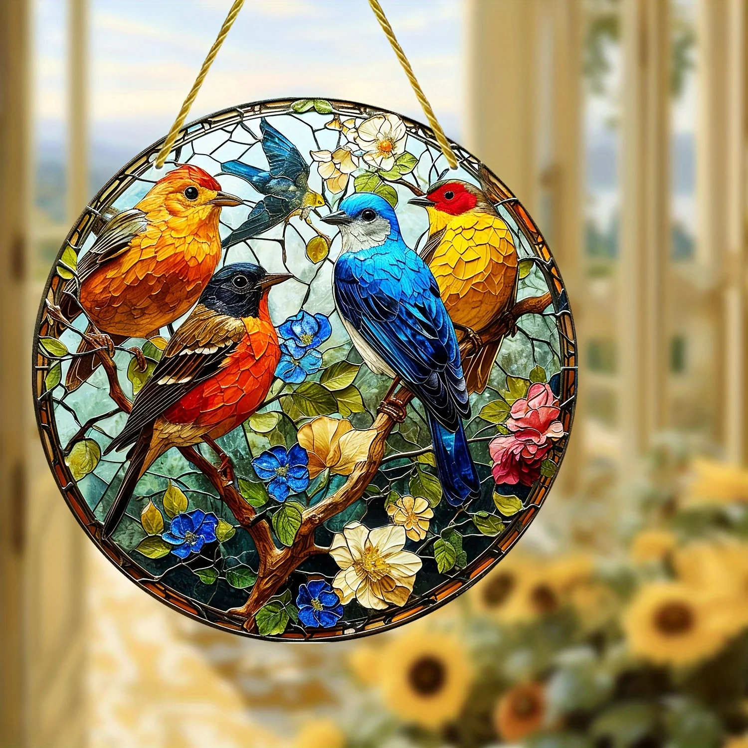 Birds on Branches Stain Window Hanging,Sun Catcher,Funny Acrylic Round Wreath Sign for Garden, Yard,House,Home,Door welcome