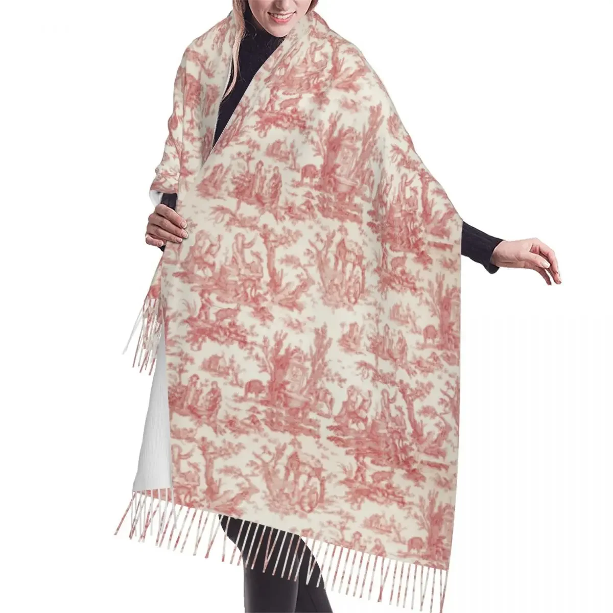 French Toile de Jouy Striped Pattern Tassel Scarf Women's Winter Autumn Warm Shawl Wrapping Women's Traditional French Art Scarf