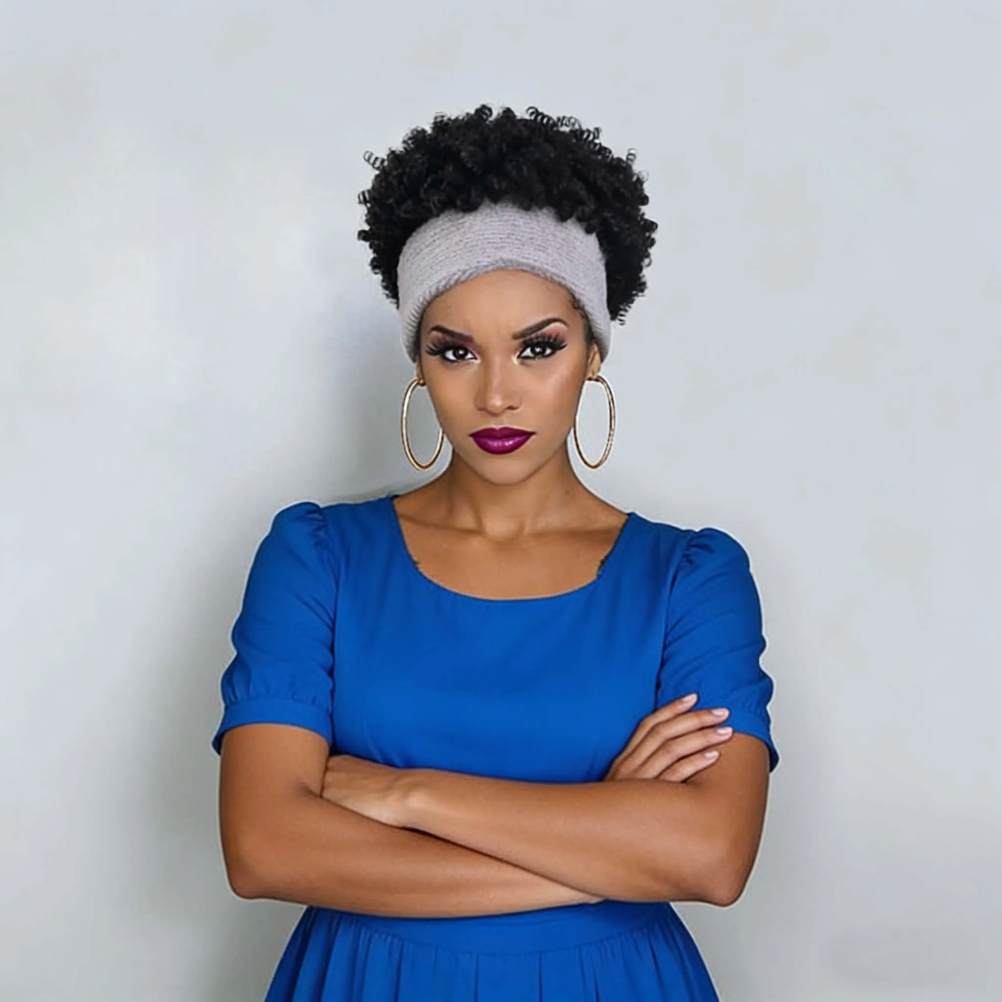 

Synthetic Wigs Women's Short Puff Curly Headband Black Fluffy Knitted Turban Style wig for Daily Party Cosplay Use Easy to Wear