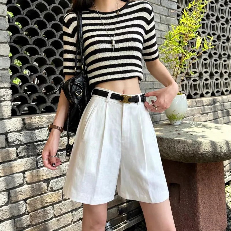 Shorts Bermuda Blancos de Verano para Mujer, Estilo Old Money, Cintura Alta, para Oficina, Clásicos [Sin Cinturón]