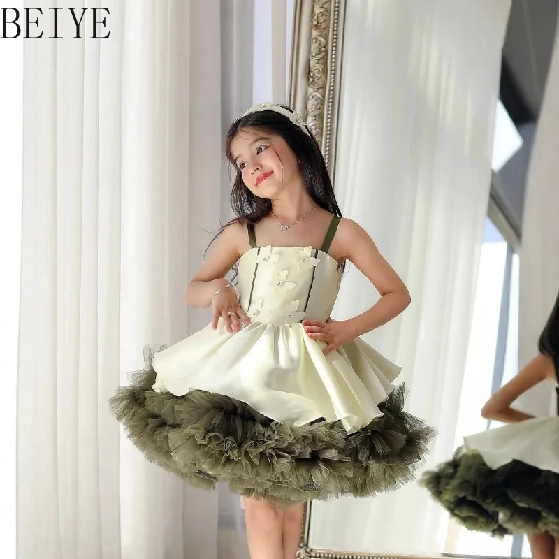 

Children Model Show Host Pageant Dress Tulle Puffy Spaghetti Strap Gown for Girls Princess Party Fashion Formal Evening Dresses