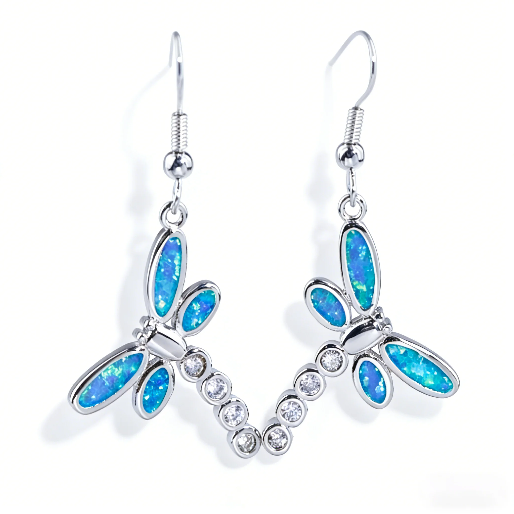 Dragonfly Earrings for Women,Blue Opal & Zircon Insect Animal Shape Dangle Earrings,Hypoallergenic White K Plated Jewelry Gift