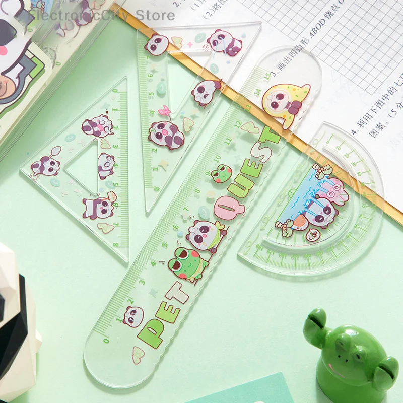 1Set Cute Transparent Measuring Trigonometric Straightedge Protractor Student Essential Measuring Acrylic Ruler School Supplies
