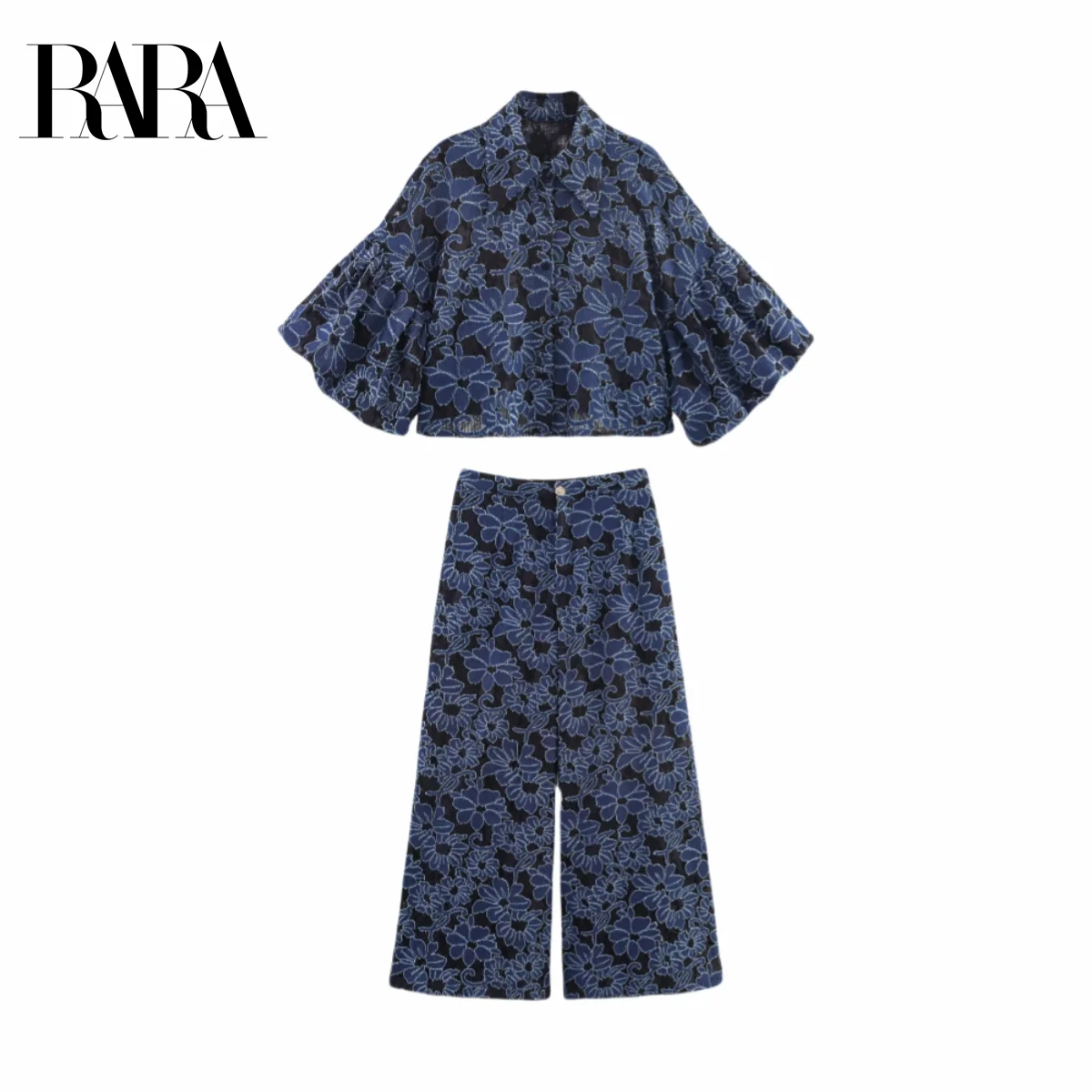 

RARA2025 new summer women's casual fashion simple embroidery puff sleeve lapel short shirt top + wide-leg trousers
