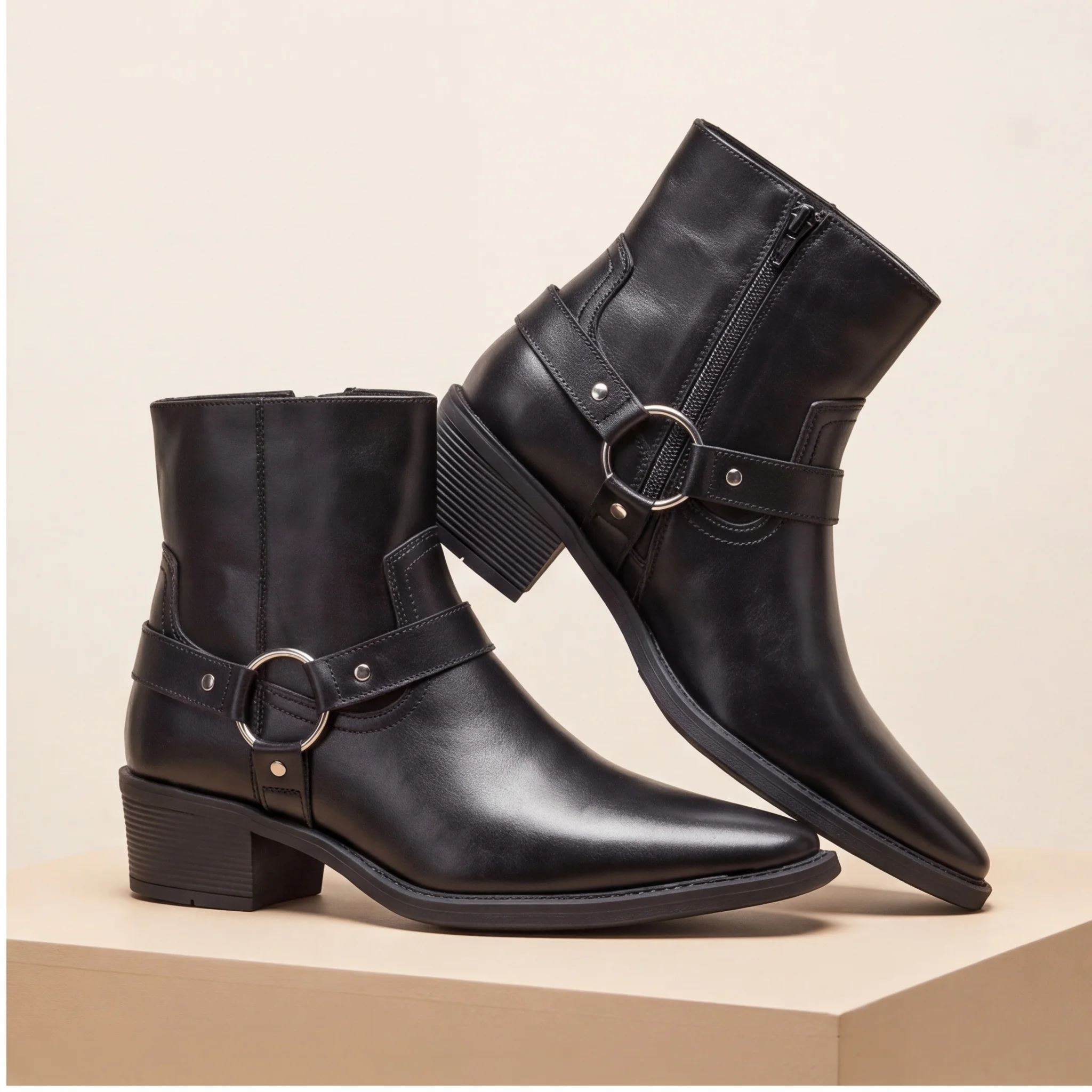 Chelsea-Stiefel für Herren, schwarze Schnallen-Knöchelstiefel mit seitlichem Reißverschluss, spitze Zehenpartie, Blockabsatz – Detail 6