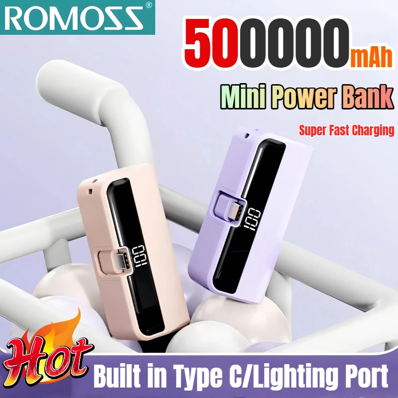 

ROMOSS 500000mAh Mini Power Bank Portable Built in Type C/Lighting Port Large Capacity Super Fast Charging External Battery