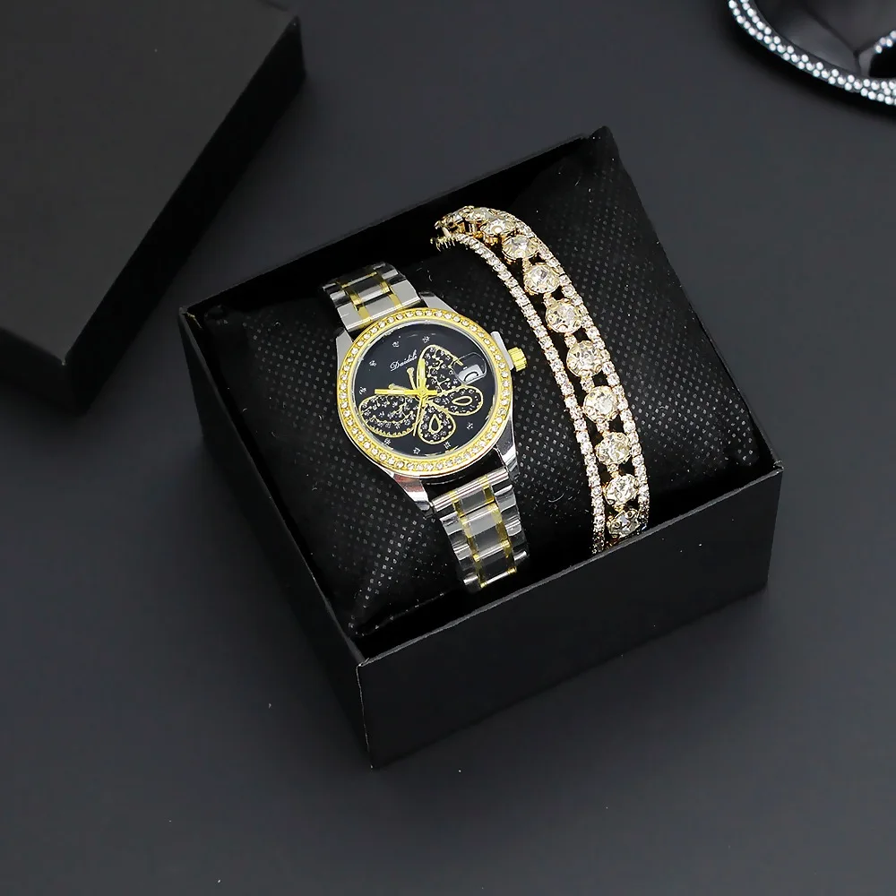 Luxury Rhinestone Watches Women Crystal Quartz Bracelet Watches Wristwatch Ladies Dress Wristwatch Clock Relogio 2PCS Set+ Box