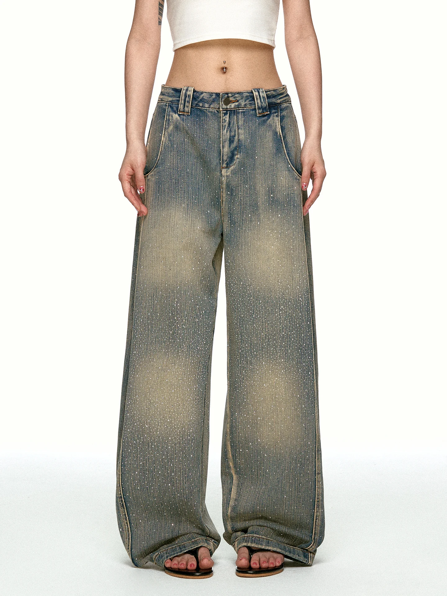 Aaisup American Style Vintage Washed Blue Jeans Women's Loose Casual Wide Leg Floor Length Pants Autumn Season Ladies Jeans