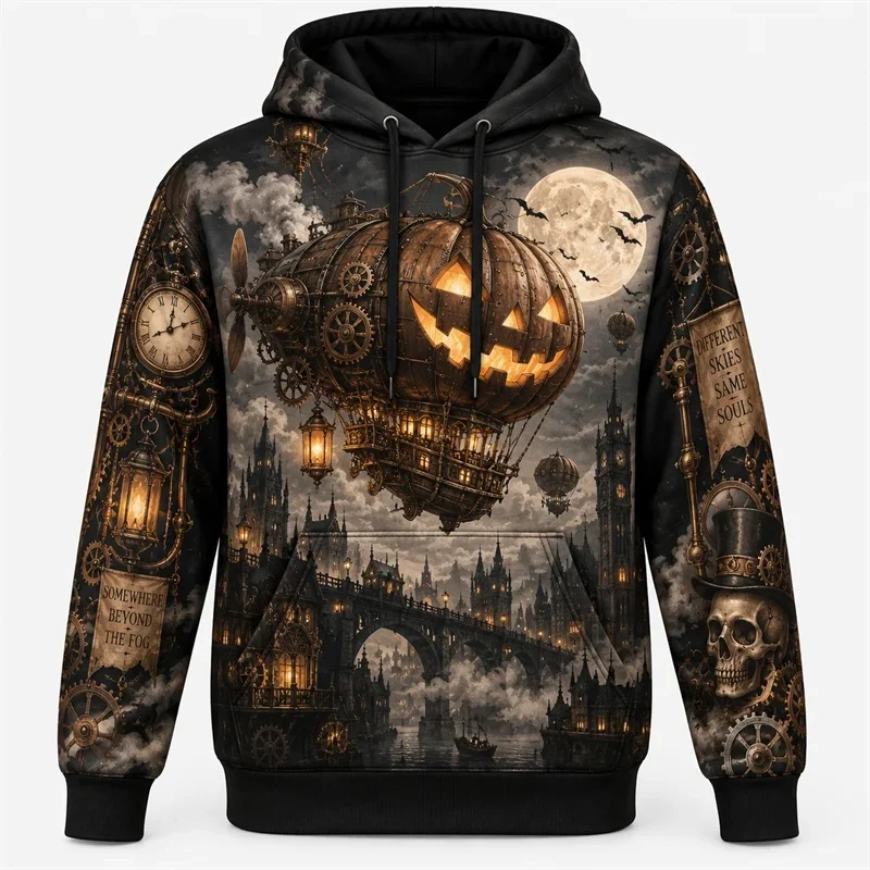 Halloween Hoodie Dark Fantasy Graphic Sweatshirt 3D Print Gothic Vintage Pumpkin Ghost Skull Haunted Castle Streetwear Unisex