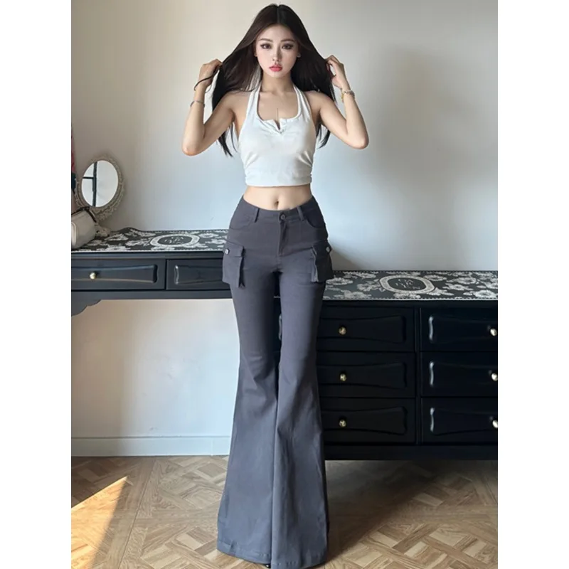 Office Ladies High Waist Hip Slightly Flared Pants Autumn and Winter New Casual Women's Gray Side Pocket Tooling Flare Trousers