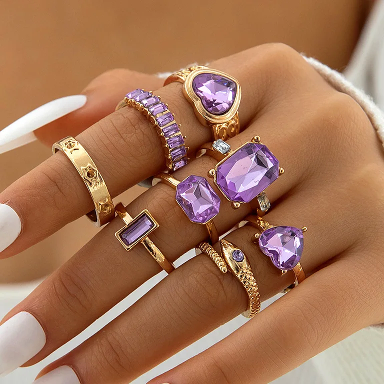 European and American cross-border light luxury jewelry, purple diamond-set love eight-piece ring, peach heart snake gemstone ring