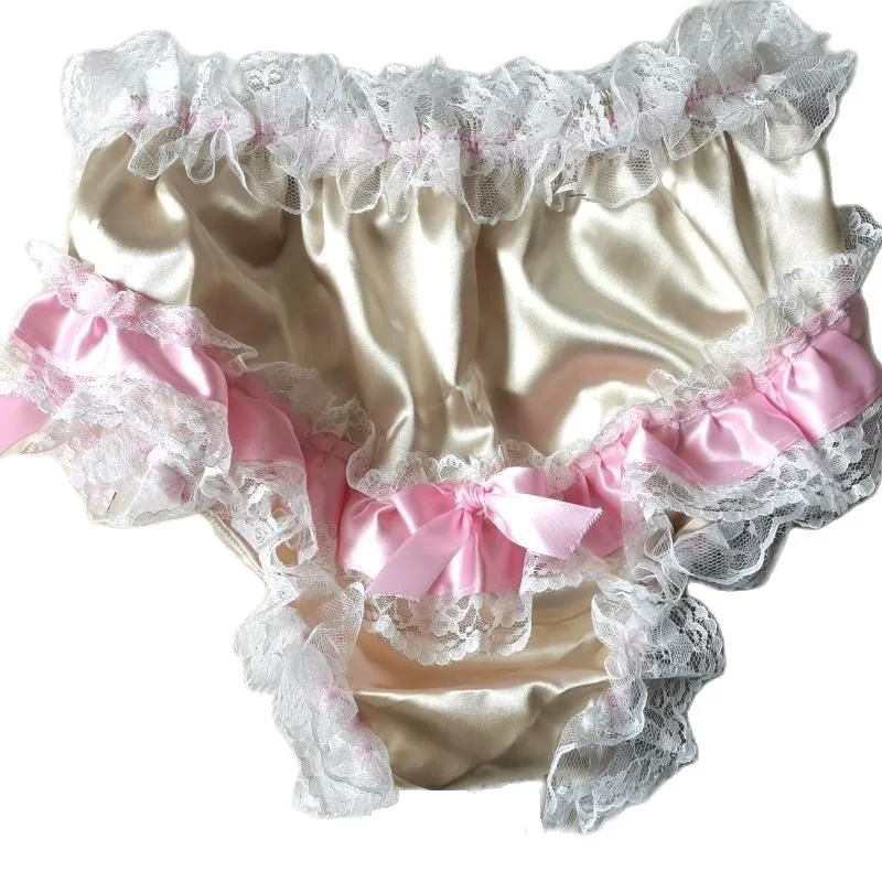 French Sexy Adult Customized Fetishist Crossdressing Sissy Champagne Patched Pink Satin White Lace Bow Inlaid Elastic Waist