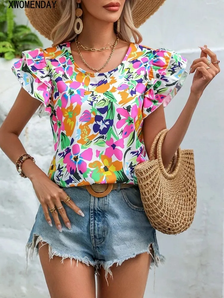 Elegant Blouses For Women Ruffle Short Sleeve Top Fashion Print Shirts & Blouses Youthful Woman Clothes Summer Trend 2024