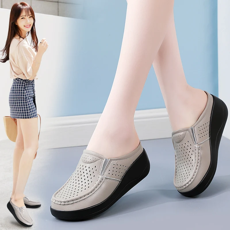 New Women Platform Slipper Ladies Genuine Leather Comfort Wedge Moccasins Slingbacks Shoes Slip on Women Casual Shoes