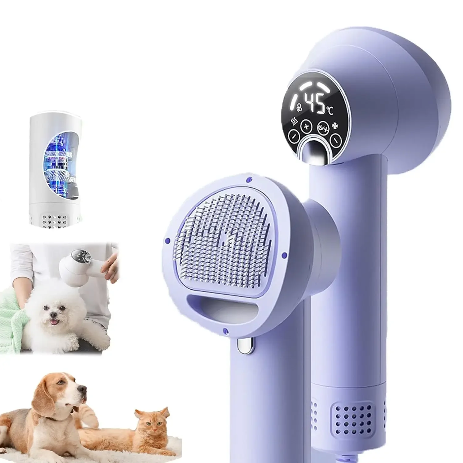 2 in 1 Temperature Control Display Portable Grooming Kitten Puppy Comb Pet Dog Cat Cleaning Tool Hair Dryer Brush