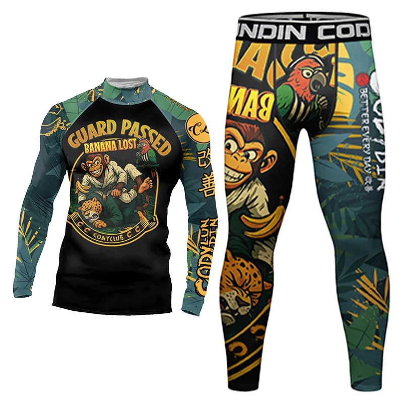 كودي لوندين مان طفح الحرس BJJ OEM الملابس التجفيف السريع تنفس القتال الجري الذهب الأخضر كاملة الملاكمة التايلاندية جيو جيتس كيت