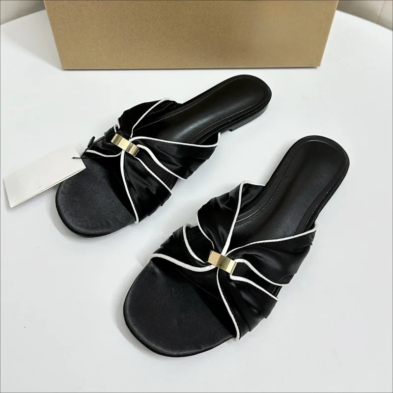 

Black Summer Flat Women Mules Slides Chic Metal Buckle Strap Slip on Casual Daily Female Beach Shoes Comfort Outside Slippers