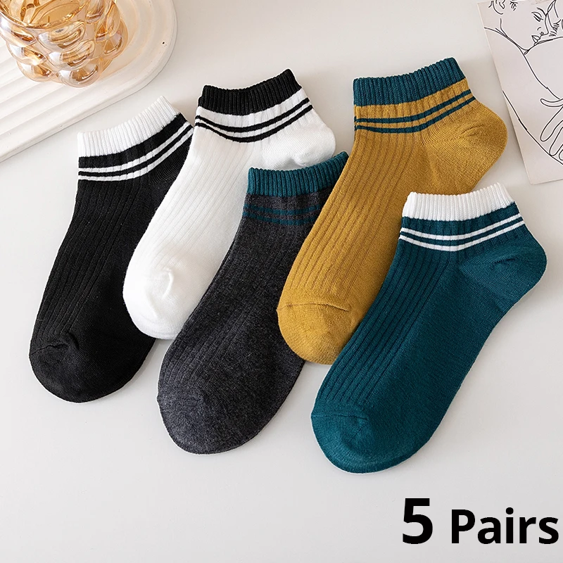 5 Pairs Sports Breathable Low Cut Boat Socks Spring Summer Cotton Striped Sports Korean Preppy Style Men Socks