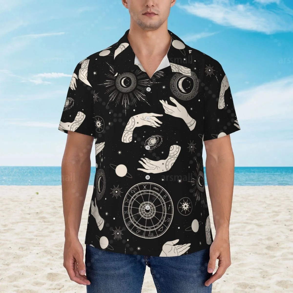 

Sun And Moon Psychedelic Hawaiian Shirt Men Short Sleeve Casual Floral Print Beach Shirt Summer Vacation Shirt