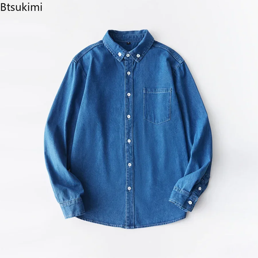 2024 Spring Autumn Korean Shirts for Men Single Breasted Cotton Washed Denim Shirts Causal Long-sleeved Clothes Top Shirts Male