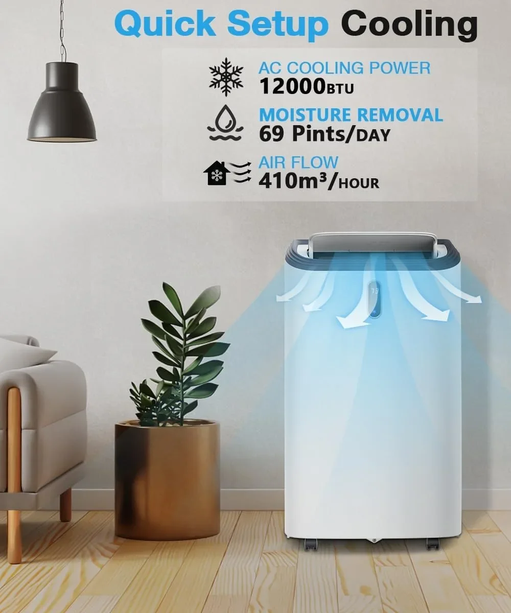 12000 BTU Portable Air Conditioner with Fan Dehumidifier Remote Control 3 Fan Speeds 24H Timer 18.5 x 13.9 x 30 inches