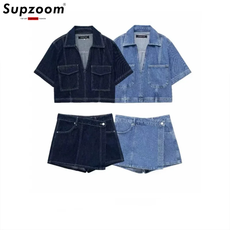 

Supzoom New Arrival Top Fashion European And American Style Short Denim Shirt Double Breasted Skirt And Pants Set