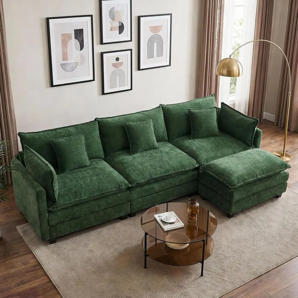 

L-Shaped Cloud Couch with Movable Ottoman, Deep Seating Chenille Sofa, 4-Seat Living Room Furniture, Green