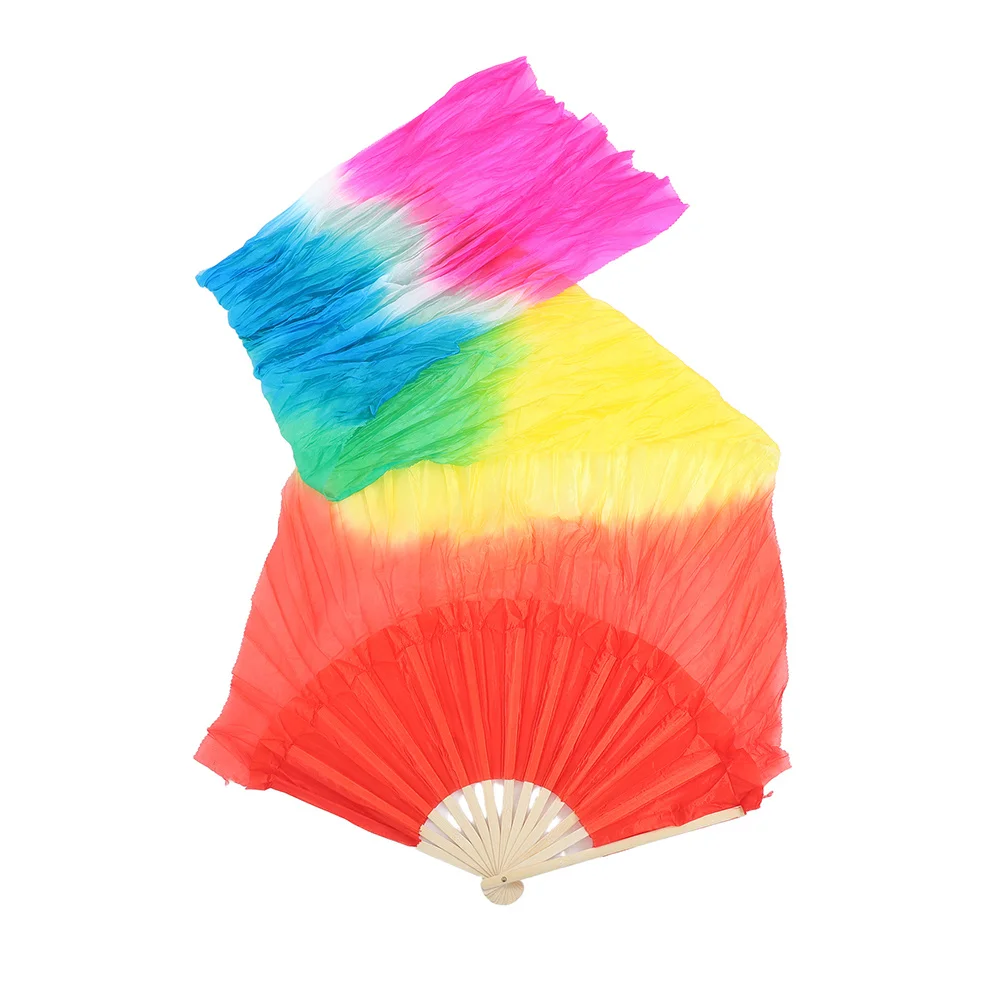

Long Silk Belly Dancing Fan Veils Children Colorful Gradient Foldable Hand Fans Chinese Dance Props Stage Performance Ribbon