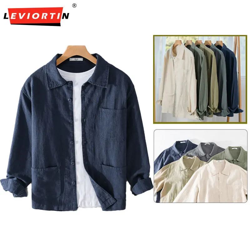 

Autumn Retro Tooling Linen Jacket For Men Japanese Styles Sold Color Simple Versatile Multi-pocket Male Thin Jackets and Coats