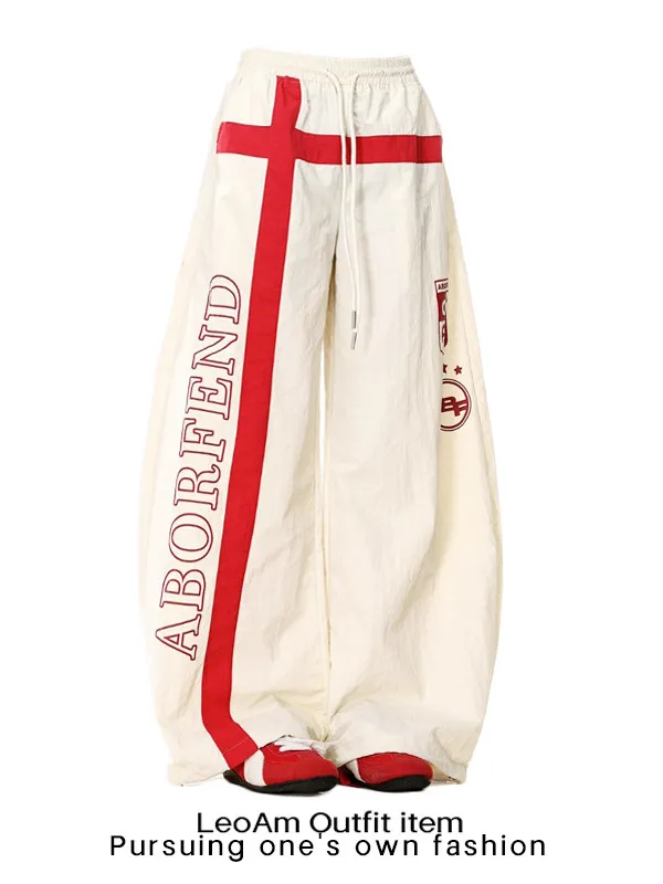 Women American Retro Y2k Sweat Pants Long Trousers Baggy Parachute Pants 2000s Pantalones Design High Street