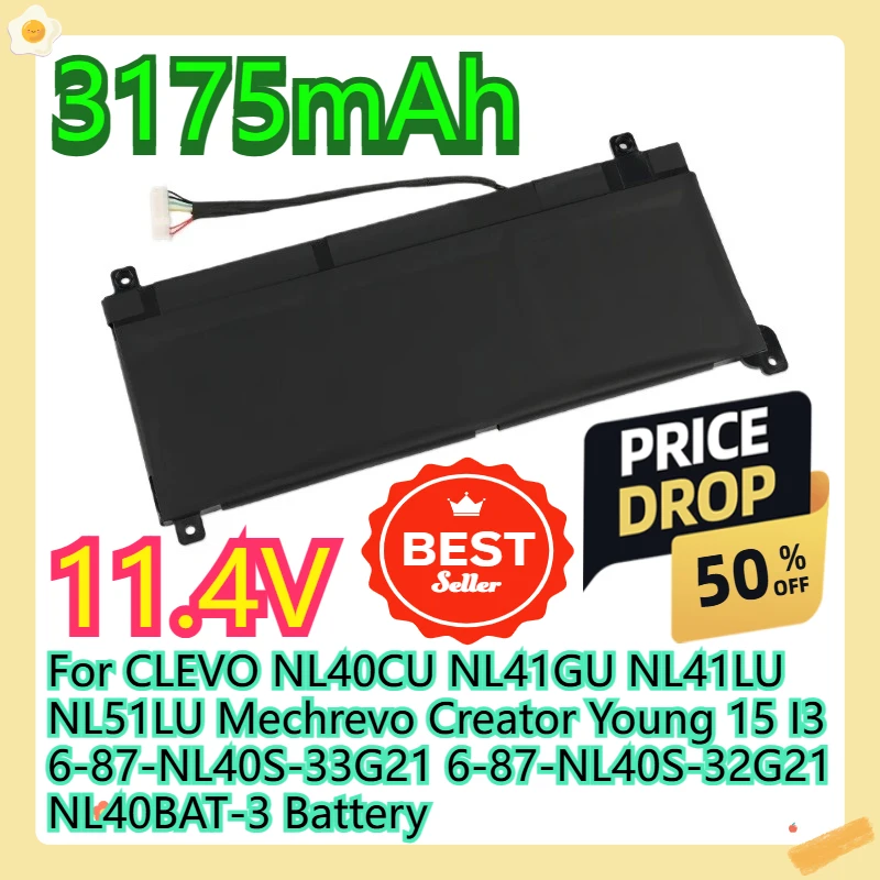 

For CLEVO NL40CU NL41GU NL41LU NL51LU Mechrevo Creator Young 15 I3 6-87-NL40S-33G21 6-87-NL40S-32G21 NL40BAT-3 Battery