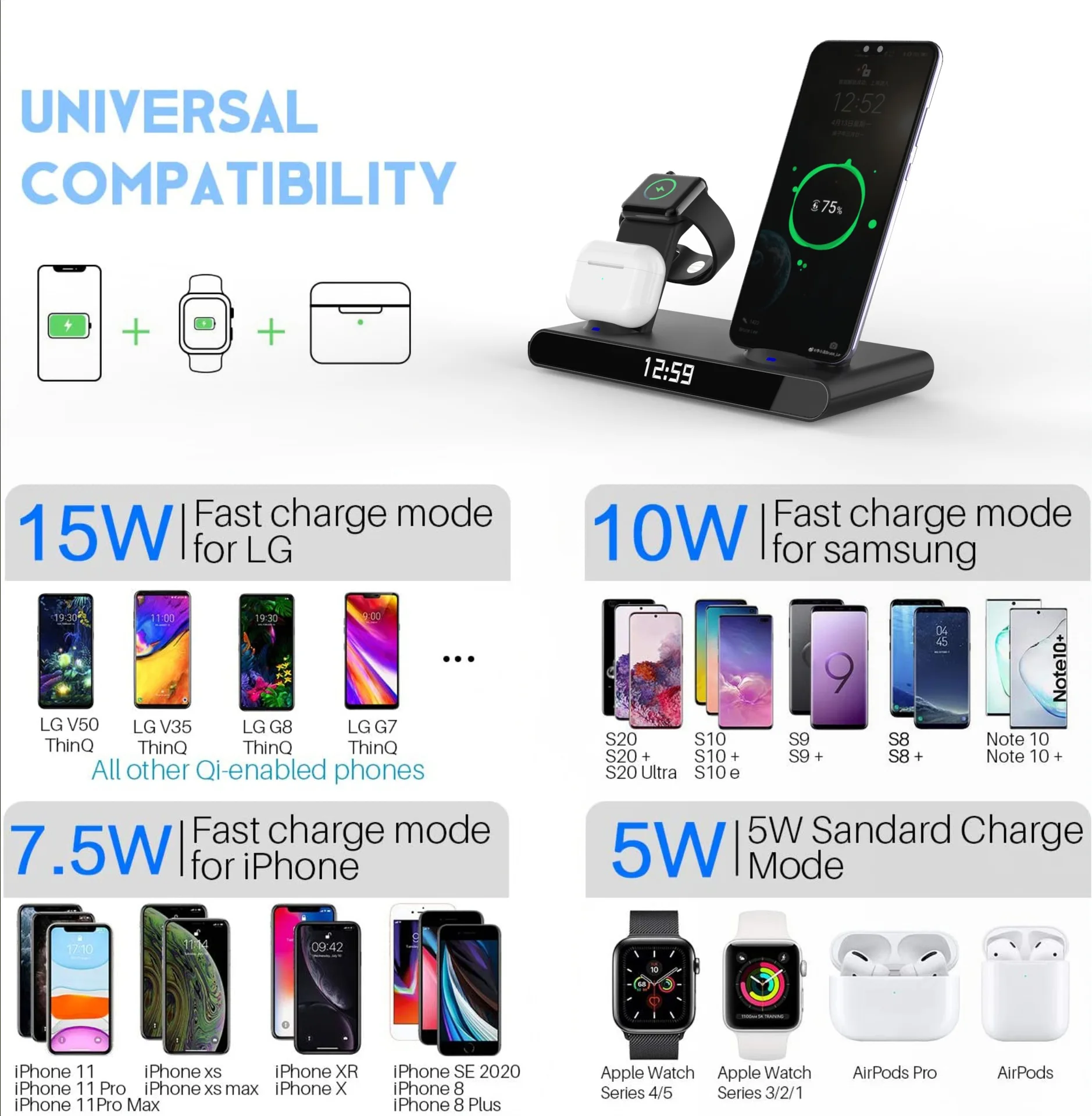 Hot Selling 3 in 1 Wireless Charger 15w Wireless Fast Charging With Clock Charger Stand Wireless Mobile Phone Charger