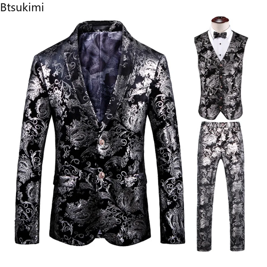 New Men's 3-piece Sets (Blazers+Vest+Pants ) European Style Trend Business Party Tuxedo Dress Outfits Stage Performance Clothes