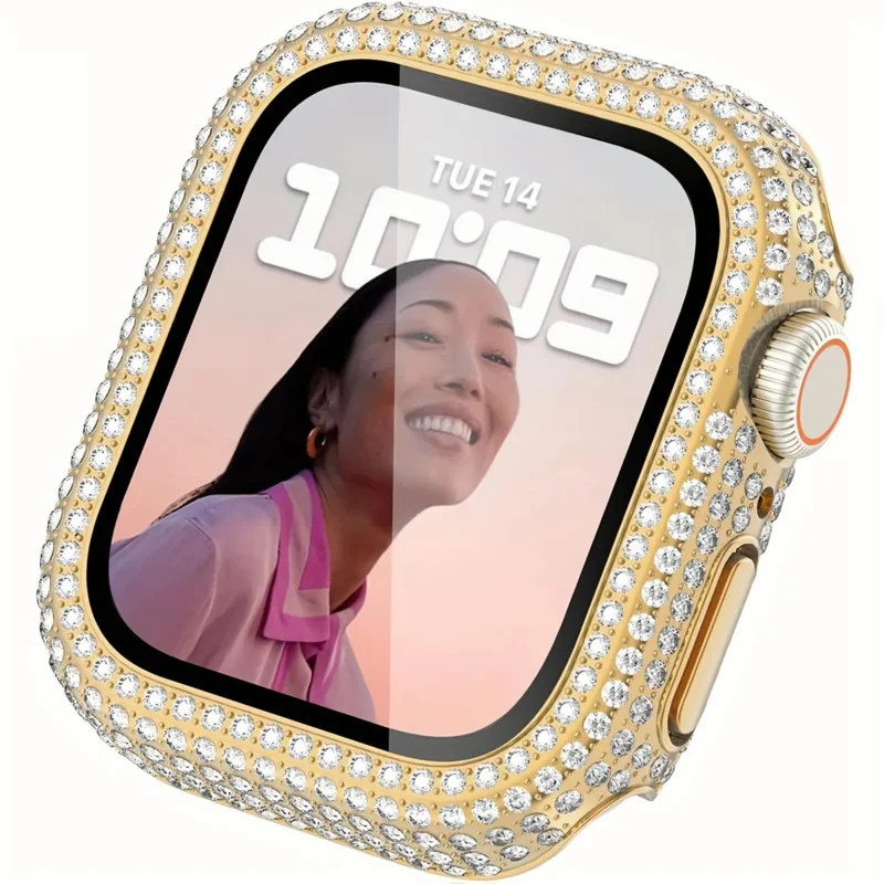 Rhinestone Decor Tempered Glass Screen Protector Watch Case For Apple Watch 38/40/41/42/44/45/46mm,Series12/11/10/9/8/7/6/5-1/SE