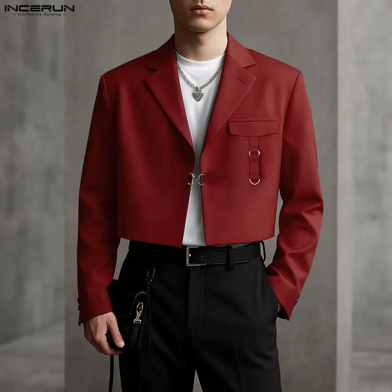 INCERUN Men Blazer Solid Color Lapel Long Sleeve One Button Casual Suit Men Streetwear Loose Elegant Fashion Male Thin Coats